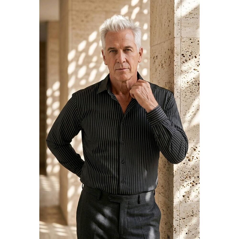 💜Pierre Cardin Black Pinstripe Buttoned Long Sleeve Shirt Men's Large